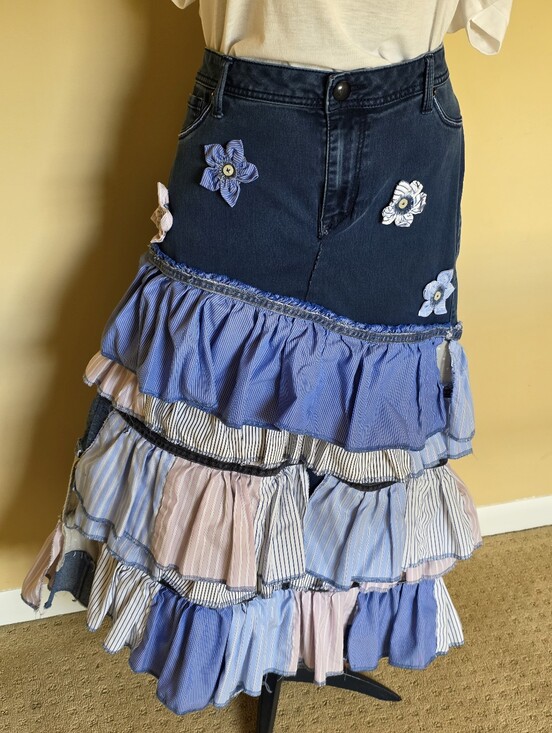 Hand Crafted Dresses & Skirts - HAND CRAFTED Midi Skirt UPCYCLED Blue Denim Striped Shirt Ragged Plus Size 18w